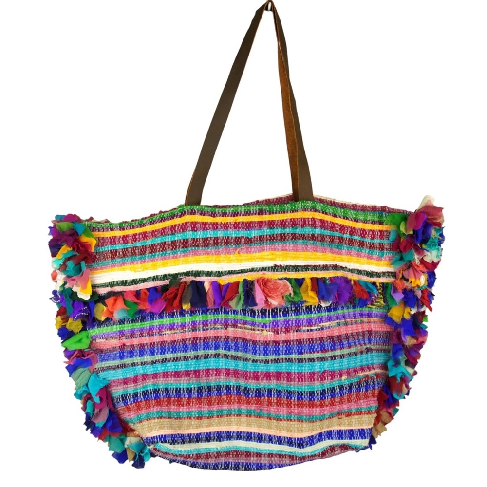 Raj Guatemala Tote Boho Carpet Bag Leather Strap Tassel Colorful